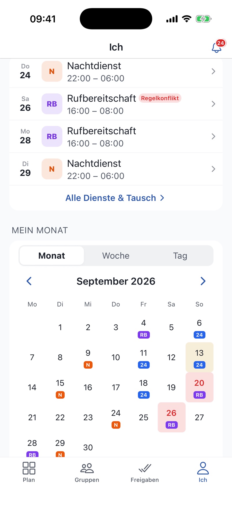 Mein Monat in der App: eigene Dienste im Kalender, Wünsche und Abwesenheiten per Tipp, Regelkonflikte markiert