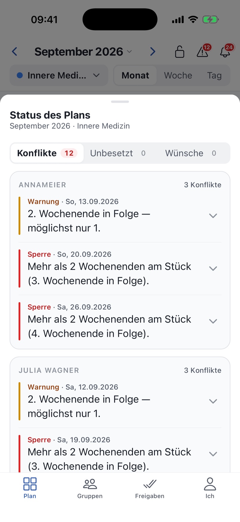 Status des Plans in der App: Konflikte je Person — Warnung beim zweiten Wochenende in Folge, Sperre ab dem dritten