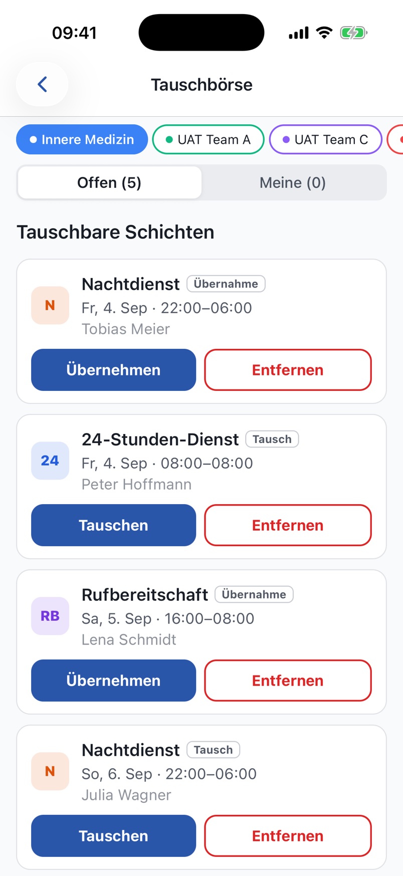 Tauschbörse in der App: Nachtdienst zur Übernahme, 24-Stunden-Dienst zum Tausch, Rufbereitschaft zur Übernahme — je mit Knopf zum Übernehmen oder Tauschen